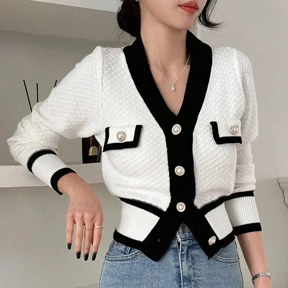 Sweaters - Black And White Casual Women's Color Block Button Up Cardigan